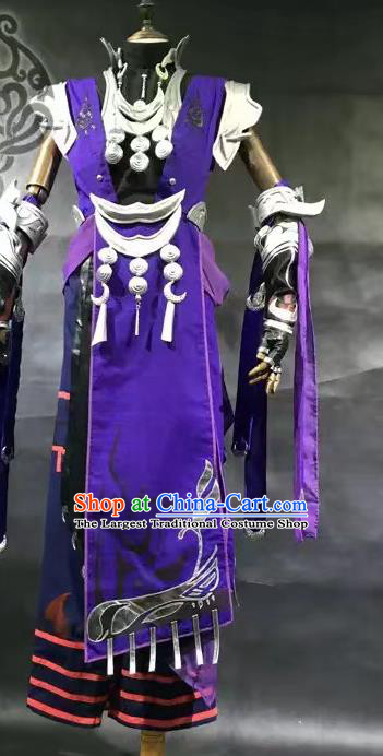 China Cosplay Swordsman Armor Apparels Ancient Young General Purple Clothing Traditional JX Online Chivalrous Kawaler Garment Costumes