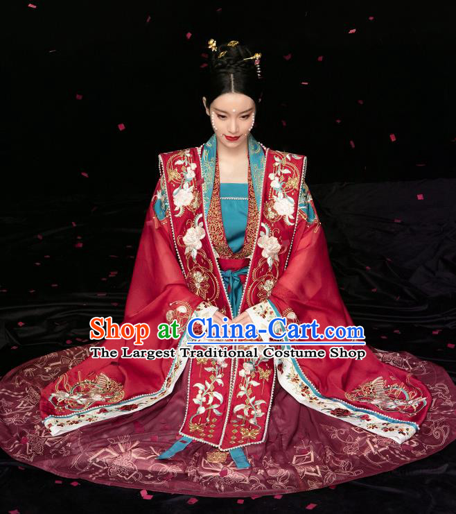 China Song Dynasty Empress Red Hanfu Dress Apparels Traditional Wedding Historical Clothing Ancient Court Beauty Garment Costumes