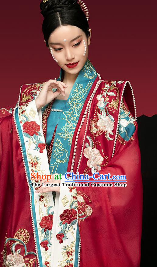 China Song Dynasty Empress Red Hanfu Dress Apparels Traditional Wedding Historical Clothing Ancient Court Beauty Garment Costumes