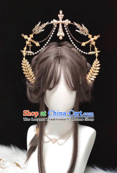 Handmade Retro Angel Hair Accessories Baroque Queen Golden Aureole Headpieces Cosplay Goddess Royal Crown