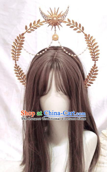 Handmade Baroque Queen Tiara Headdress Cosplay Angel Golden Royal Crown Retro Goddess Hair Accessories