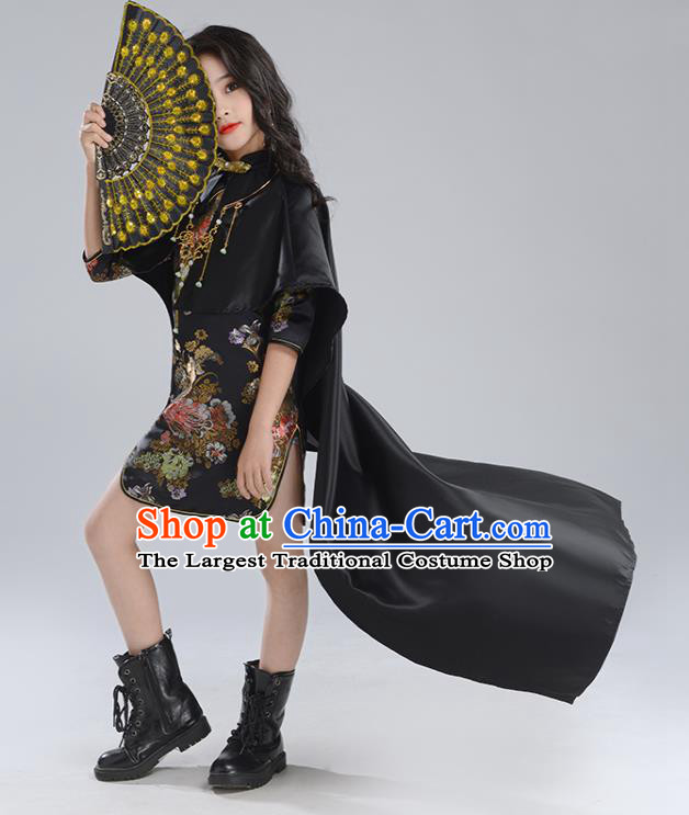 Custom Children Catwalks Clothing Girl Black Qipao Dress Compere Garment Costumes Stage Show Fashion