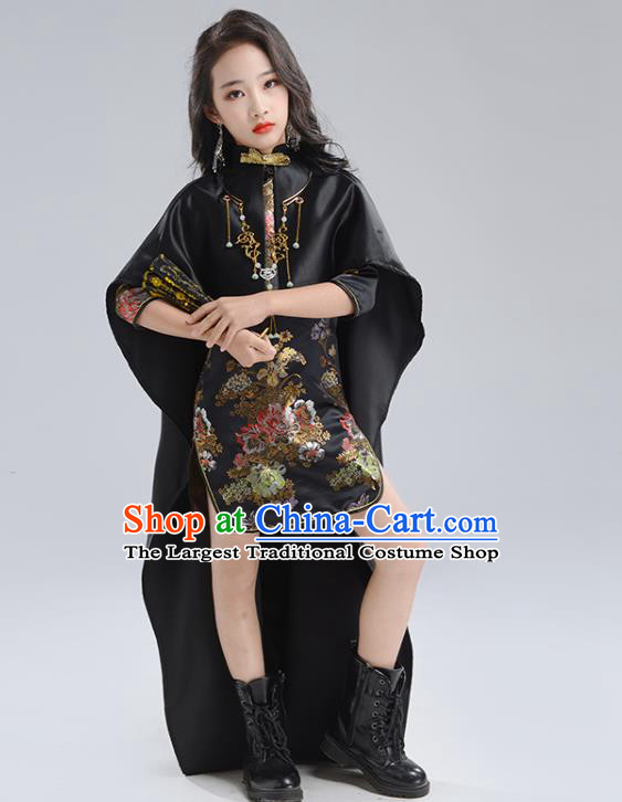 Custom Children Catwalks Clothing Girl Black Qipao Dress Compere Garment Costumes Stage Show Fashion