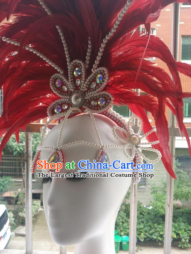 Handmade Rio Carnival Red Feather Hat Catwalks Beads Headwear Stage Performance Giant Hair Crown Samba Dance Hair Accessories