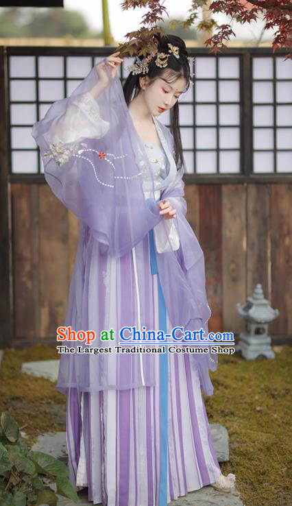 China Ancient Imperial Concubine Garment Costumes Song Dynasty Historical Clothing Traditional Court Beauty Lilac Hanfu Dress Apparels