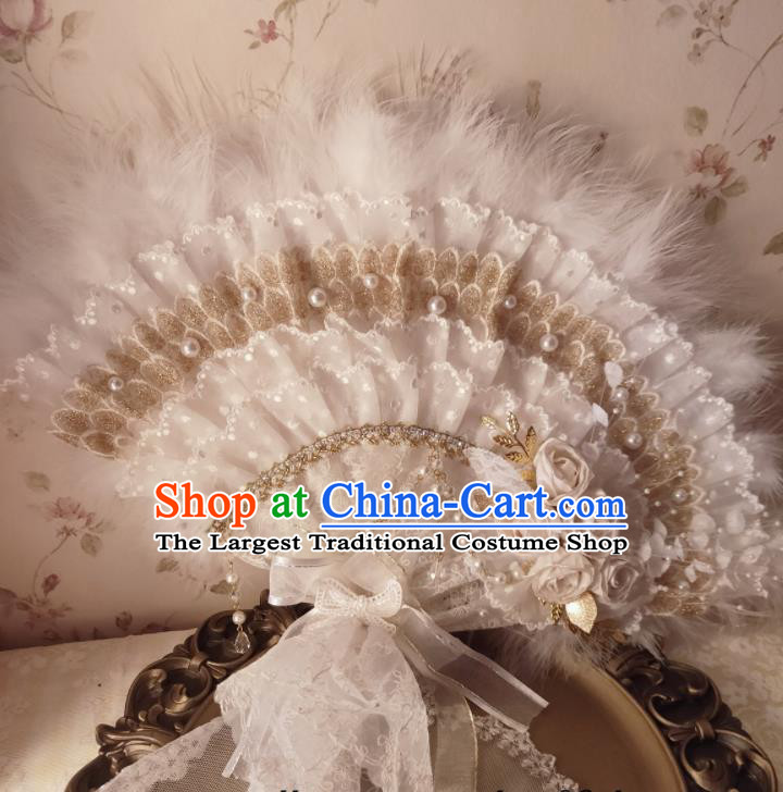 Handmade White Lace Fan Wedding Feather Fan Western Noble Lady Folding Fan European Princess Embroidery Pearls Fan