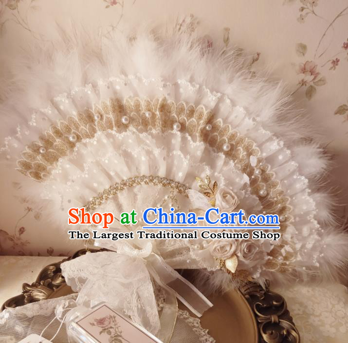 Handmade White Lace Fan Wedding Feather Fan Western Noble Lady Folding Fan European Princess Embroidery Pearls Fan
