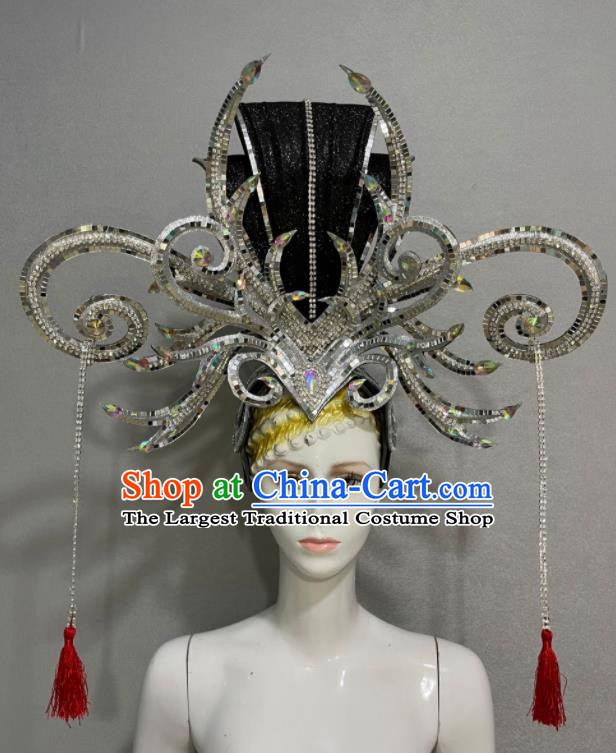 Custom Brazil Parade Argent Sequins Hat Samba Dance Hair Accessories Catwalks Giant Hair Crown Halloween Opening Dance Headdress