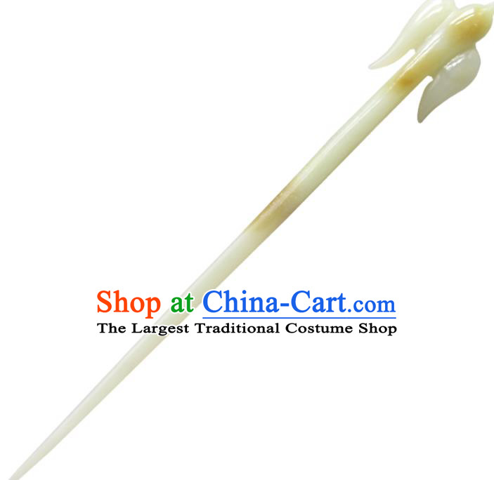 China Handmade Carving Hairpin Traditional Hair Accessories Ancient Princess Hair Stick Classical Hetian Jade Headpiece