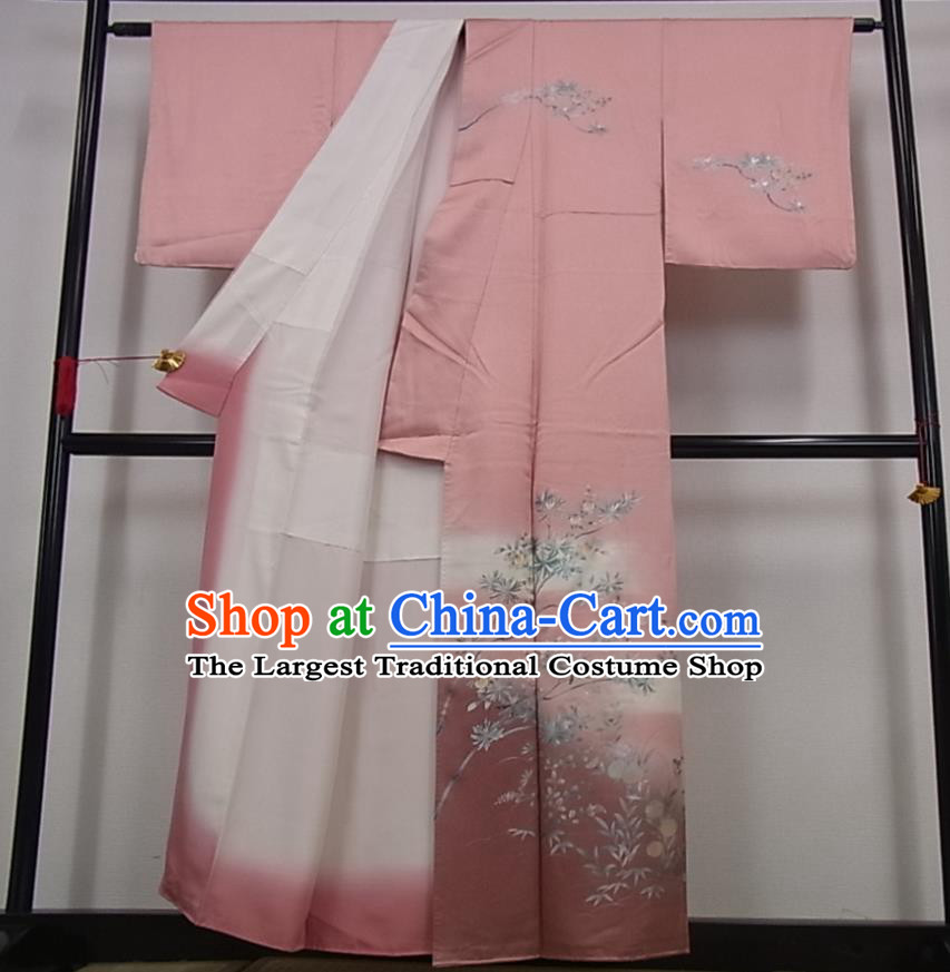 Japanese Traditional Hanabi Taikai Clothing Classical Bamboo Leaf Pattern Kimono Costume Young Woman Pink Silk Yukata Dress