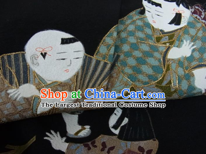Japanese Traditional Ceremony Clothing Classical Children Pattern Kurotomesode Kimono Costume Elderly Woman Black Yukata Dress