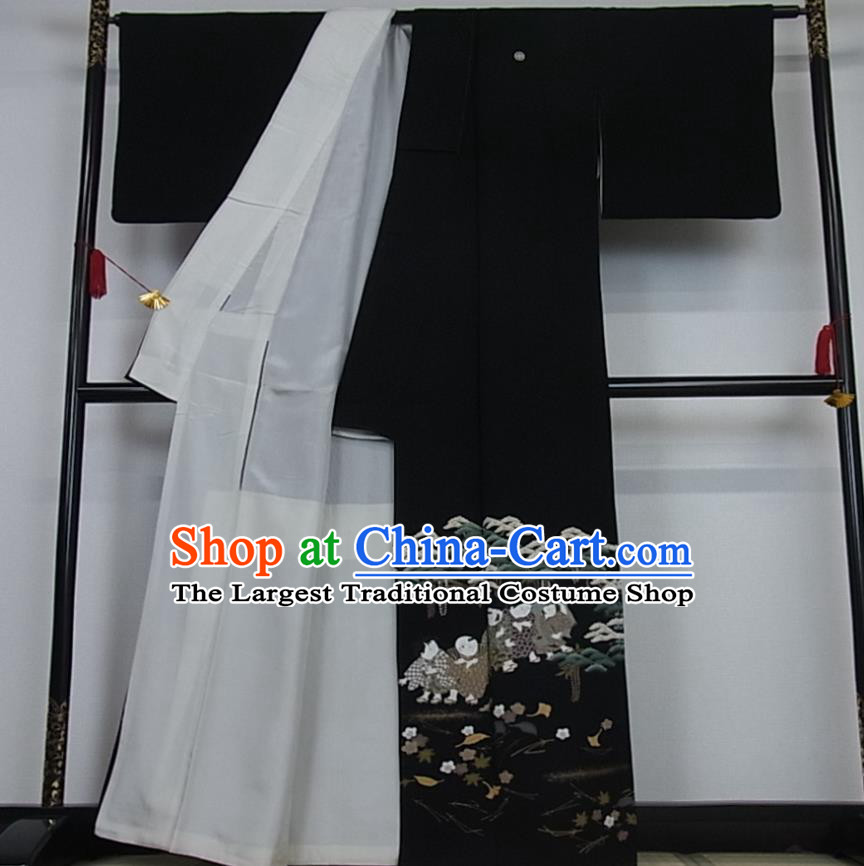 Japanese Traditional Ceremony Clothing Classical Children Pattern Kurotomesode Kimono Costume Elderly Woman Black Yukata Dress