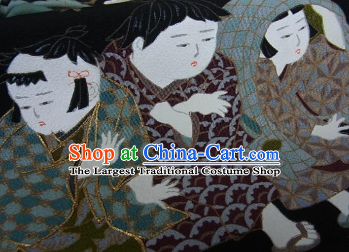 Japanese Traditional Ceremony Clothing Classical Children Pattern Kurotomesode Kimono Costume Elderly Woman Black Yukata Dress