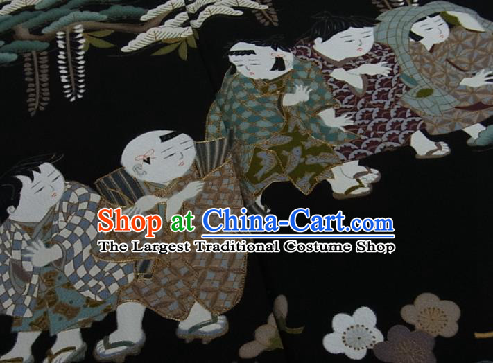 Japanese Traditional Ceremony Clothing Classical Children Pattern Kurotomesode Kimono Costume Elderly Woman Black Yukata Dress