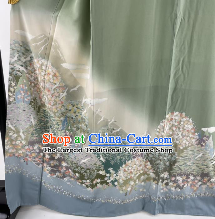 Japanese Traditional Clothing Classical Flowers Pattern Tsukesage Kimono Costume Court Woman Green Yukata Dress