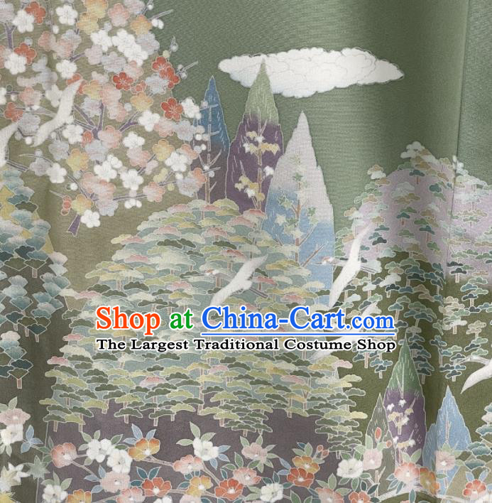 Japanese Traditional Clothing Classical Flowers Pattern Tsukesage Kimono Costume Court Woman Green Yukata Dress