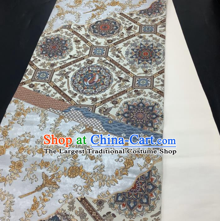 Traditional Japanese Yukata Robe White Brocade Girdle Accessories Classical Crane Pattern Kimono Belt Handmade Nishijin Tapestry Waistband
