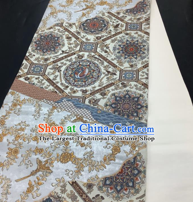 Traditional Japanese Yukata Robe White Brocade Girdle Accessories Classical Crane Pattern Kimono Belt Handmade Nishijin Tapestry Waistband