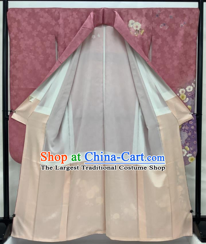 Japanese Classical Sakura Pattern Furisode Kimono Costume Young Woman Pink Silk Yukata Dress Traditional Court Clothing