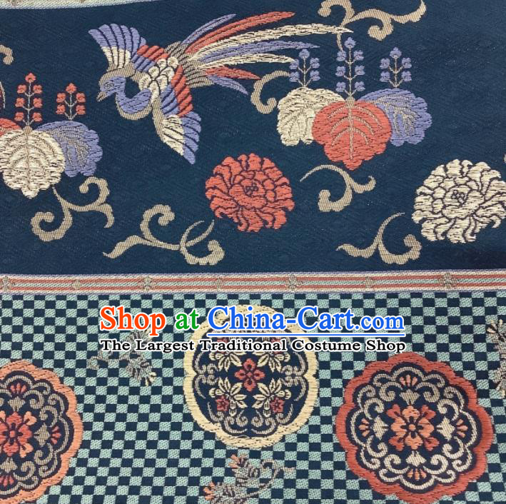 Traditional Japanese Handmade Navy Waistband Yukata Robe Girdle Accessories Classical Phoenix Peony Pattern Kimono Belt