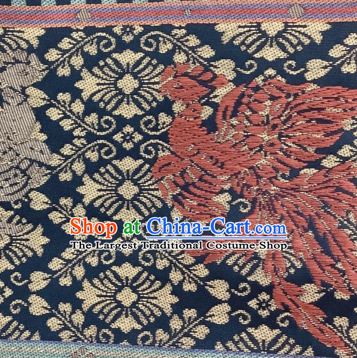 Traditional Japanese Handmade Navy Waistband Yukata Robe Girdle Accessories Classical Phoenix Peony Pattern Kimono Belt