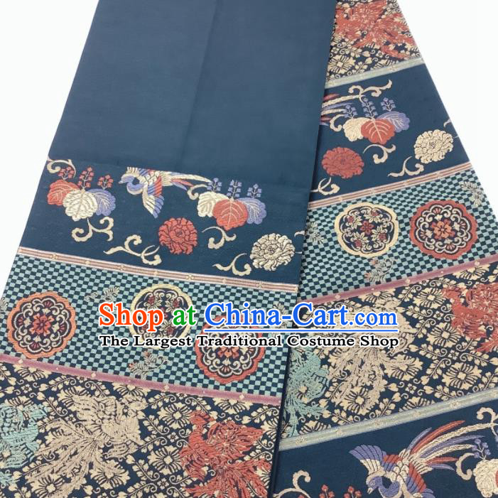 Traditional Japanese Handmade Navy Waistband Yukata Robe Girdle Accessories Classical Phoenix Peony Pattern Kimono Belt