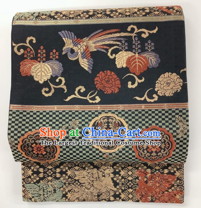 Traditional Japanese Handmade Navy Waistband Yukata Robe Girdle Accessories Classical Phoenix Peony Pattern Kimono Belt