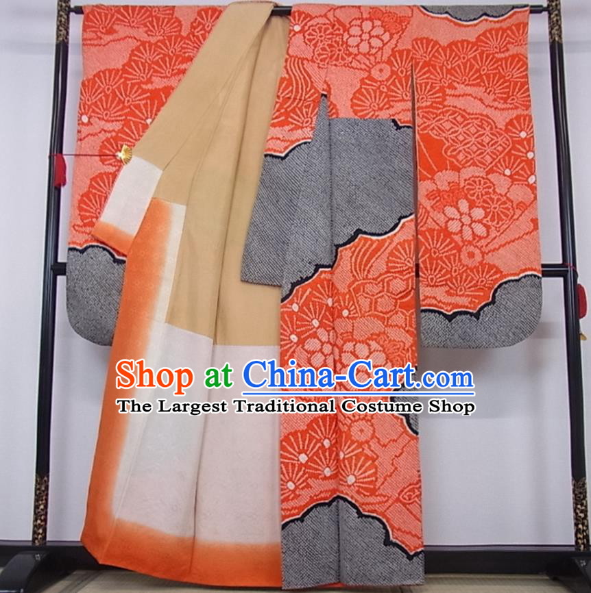 Japanese Court Woman Red Yukata Dress Traditional Wedding Bride Clothing Classical Cloud Pine Pattern Furisode Kimono Costume