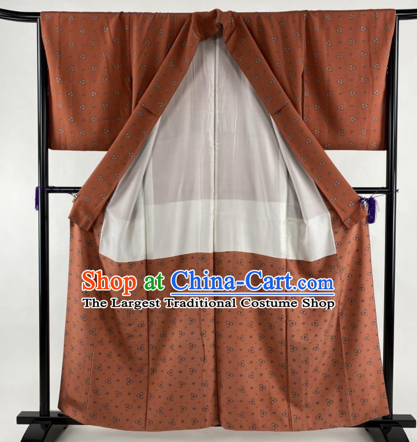 Japanese Classical Sakura Pattern Kimono Costume Young Woman Rust Red Yukata Dress Traditional Hanabi Taikai Clothing