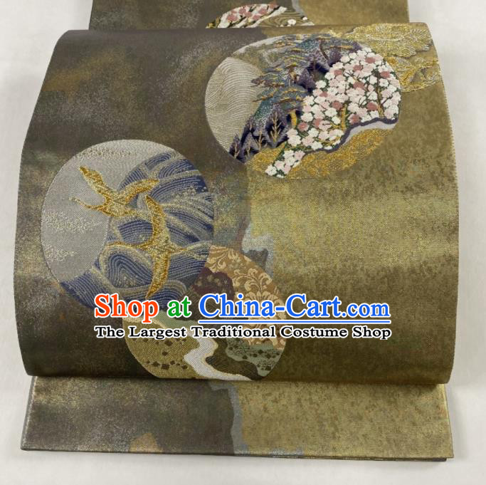 Traditional Japanese Classical Cranes Pattern Kimono Belt Handmade Brocade Waistband Yukata Robe Nishijin Girdle Accessories