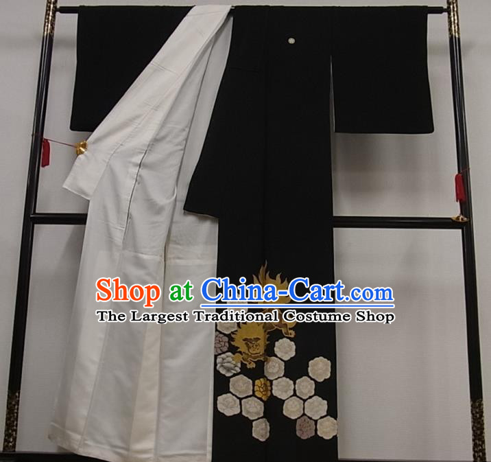 Japan Classical Lion Pattern Black Yukata Robe Male Garment Costume Traditional Tsukesage Kimono Clothing