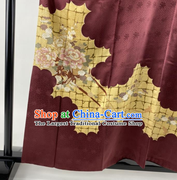 Japanese Classical Peony Pattern Tsukesage Kimono Costume Young Woman Wine Red Silk Yukata Dress Traditional Festival Clothing