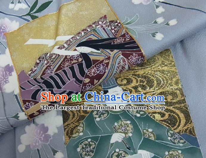 Japanese Young Woman Blue Yukata Dress Traditional Festival Performance Clothing Classical Plum Orchids Pattern Tsukesage Kimono Costume
