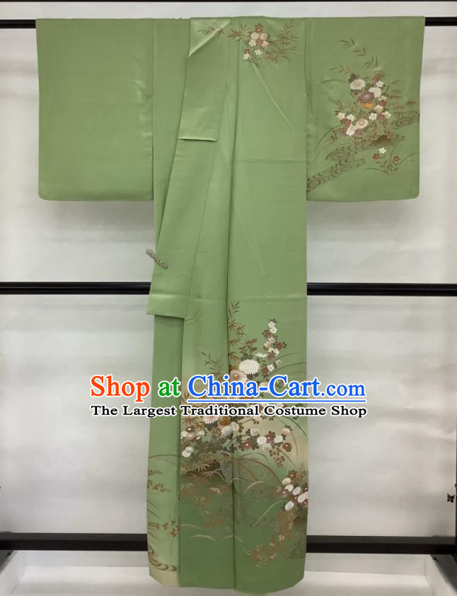 Japanese Traditional Ceremony Clothing Classical Chrysanthemum Pattern Tsukesage Kimono Costume Young Female Green Yukata Dress