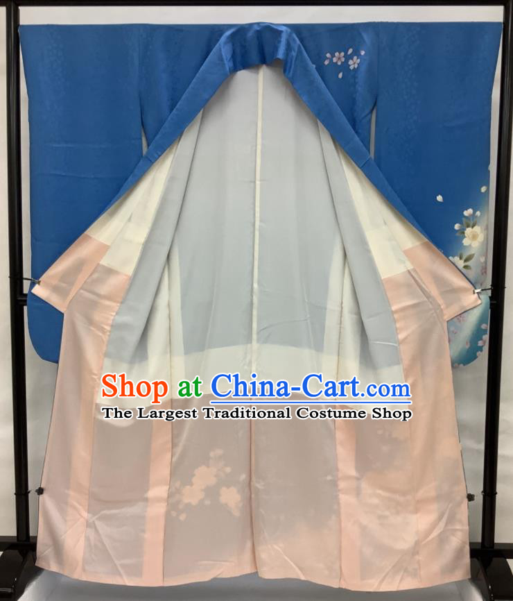 Japanese Young Female Blue Yukata Dress Traditional Ceremony Clothing Classical Sakura Pattern Furisode Kimono Costume