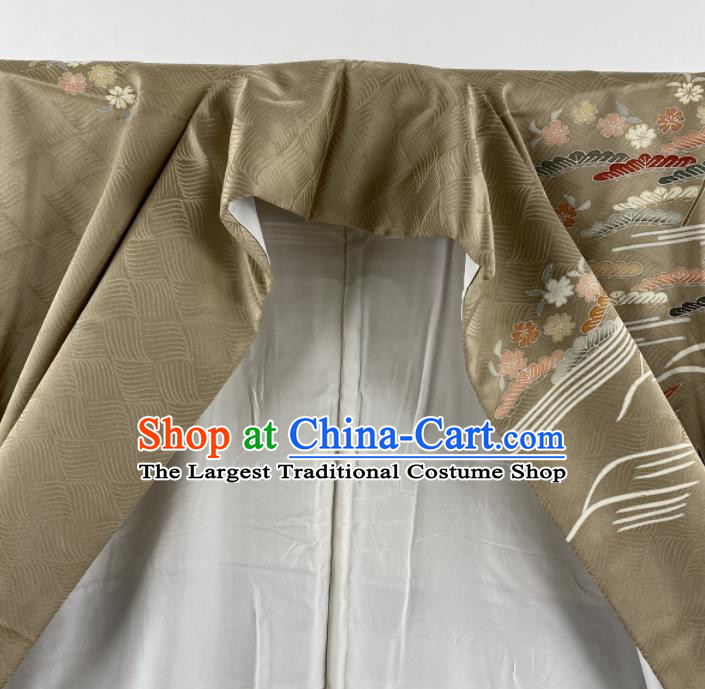 Japanese Traditional Ceremony Clothing Classical Bamboo Leaf Pattern Tsukesage Kimono Costume Noble Woman Khaki Silk Yukata Dress