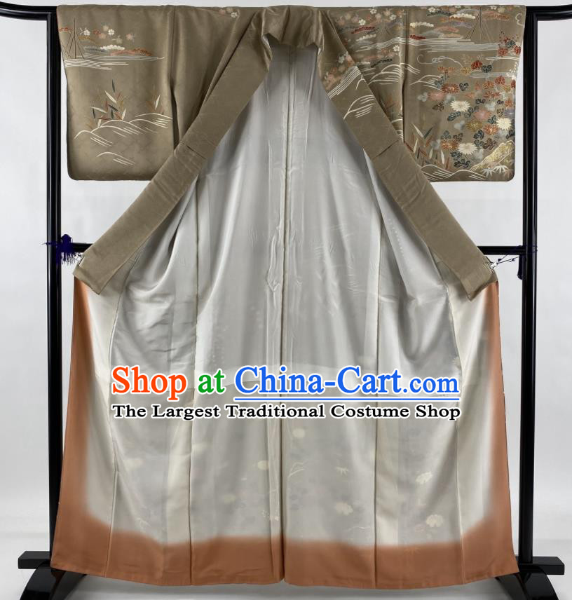Japanese Traditional Ceremony Clothing Classical Bamboo Leaf Pattern Tsukesage Kimono Costume Noble Woman Khaki Silk Yukata Dress