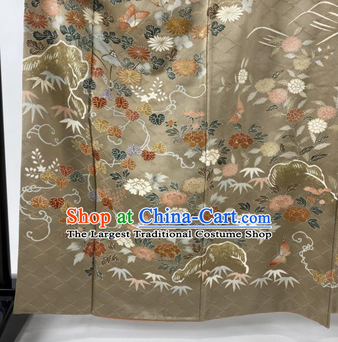 Japanese Traditional Ceremony Clothing Classical Bamboo Leaf Pattern Tsukesage Kimono Costume Noble Woman Khaki Silk Yukata Dress