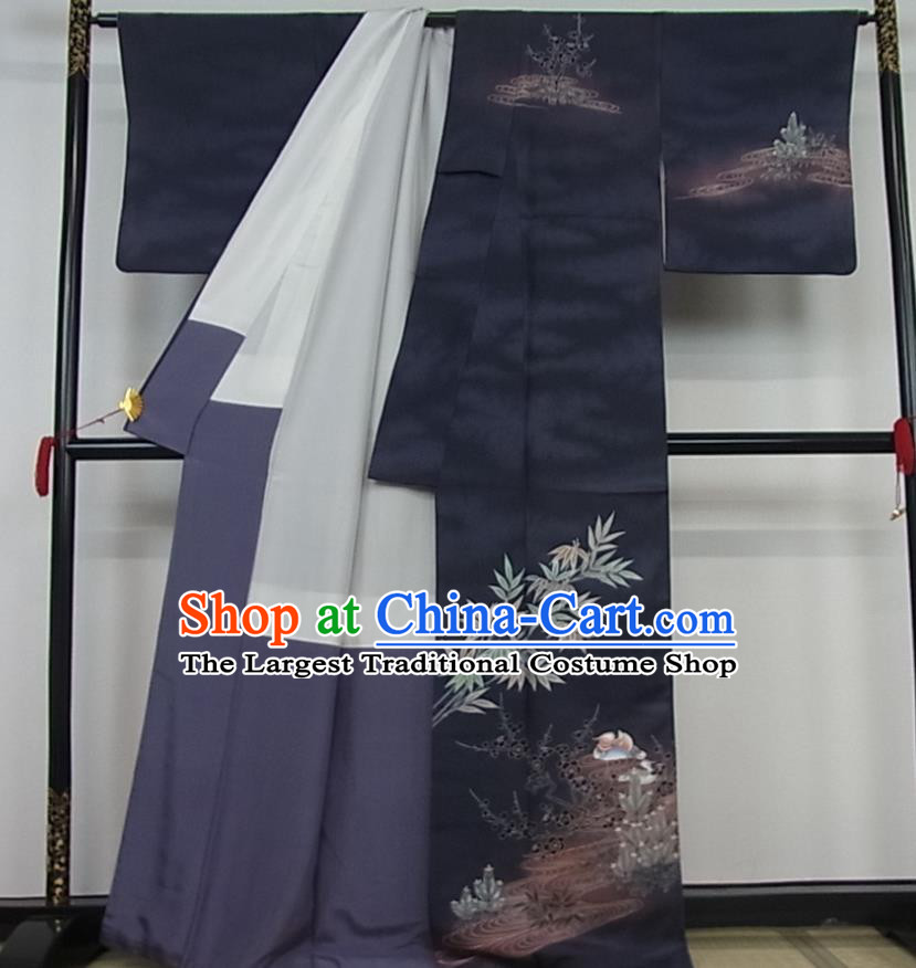 Japanese Elderly Woman Navy Silk Yukata Dress Traditional Homongi Clothing Classical Bamboo Leaf Pattern Tsukesage Kimono Costume