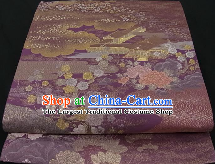 Japanese Handmade Purple Brocade Waistband Traditional Yukata Robe Nishijin Girdle Accessories Classical Peony Pattern Kimono Belt