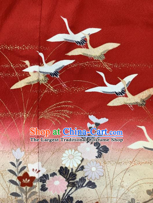 Japanese Court Woman Red Silk Yukata Dress Traditional Festival Clothing Classical Cranes Chrysanthemum Pattern Furisode Kimono Costume