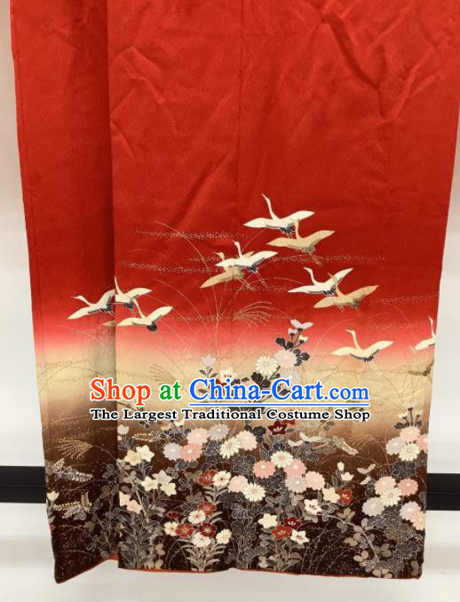 Japanese Court Woman Red Silk Yukata Dress Traditional Festival Clothing Classical Cranes Chrysanthemum Pattern Furisode Kimono Costume