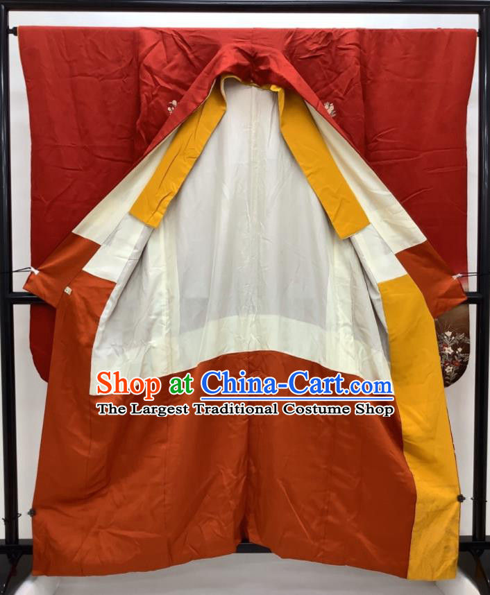 Japanese Court Woman Red Silk Yukata Dress Traditional Festival Clothing Classical Cranes Chrysanthemum Pattern Furisode Kimono Costume