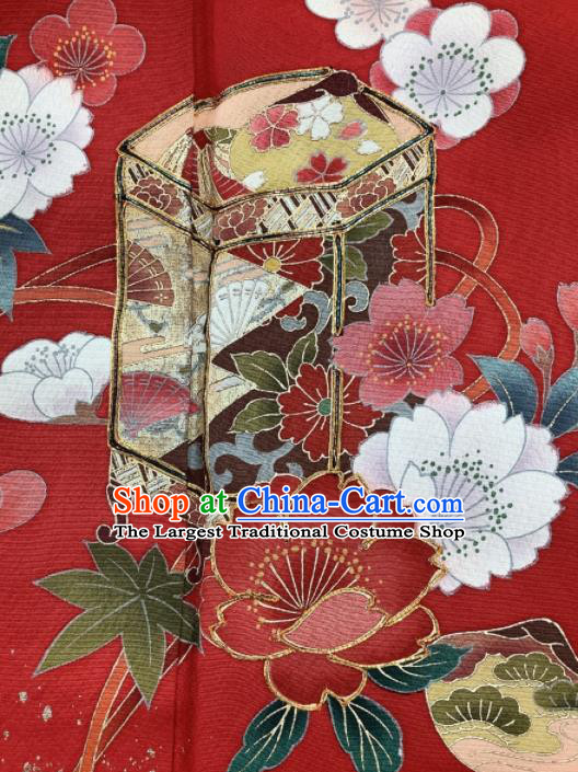 Japanese Classical Sakura Pine Pattern Furisode Kimono Costume Court Woman Red Silk Yukata Dress Traditional Festival Clothing