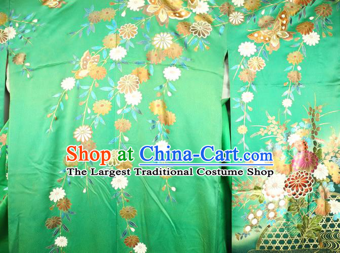 Japanese Classical Peony Flowers Pattern Furisode Kimono Costume Court Woman Green Silk Yukata Dress Traditional Wedding Bride Clothing
