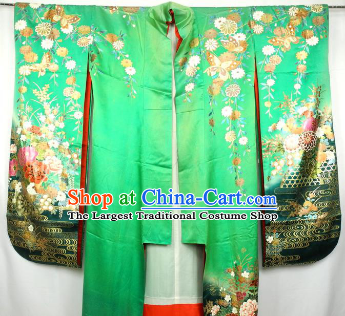 Japanese Classical Peony Flowers Pattern Furisode Kimono Costume Court Woman Green Silk Yukata Dress Traditional Wedding Bride Clothing