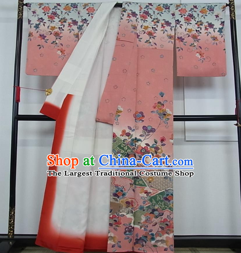 Japanese Traditional Festival Clothing Classical Primrose Pattern Tsukesage Kimono Costume Court Woman Pink Silk Yukata Dress