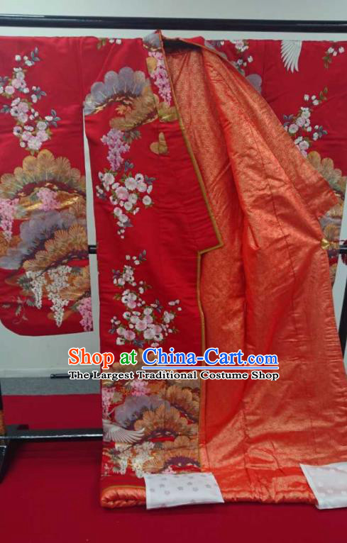 Japanese Traditional Wedding Bride Clothing Classical Cranes Pattern Uchikake Kimono Costume Geisha Performance Red Silk Yukata Dress