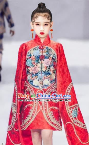 Chinese Stage Performance Fashion Girl Catwalk Show Clothing Modern Dance Garment Costume Children Red Qipao Dress