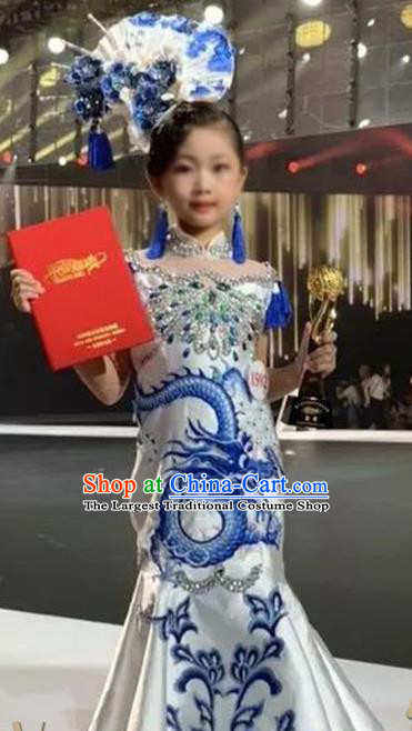 Chinese Children Performance White Qipao Dress Stage Show Fashion Girl Catwalk Clothing Compere Garment Costume